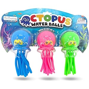 Octopus Water Balls, Set of 3, Rubber Kids’ Bath Toys, Sensory Stress Relief Pool Toys for Kids, Cute Goodie Bag Fillers for Boys and Girls, Pink, Blue and Green