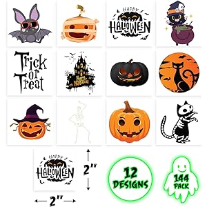 Halloween Glow in the Dark Temporary Tattoos, Set of 144, Temporary Tats for Kids in 12 Spooky Designs, Easy to Apply & Remove, Halloween Party Favors for Kids, Trick or Treat Supplies