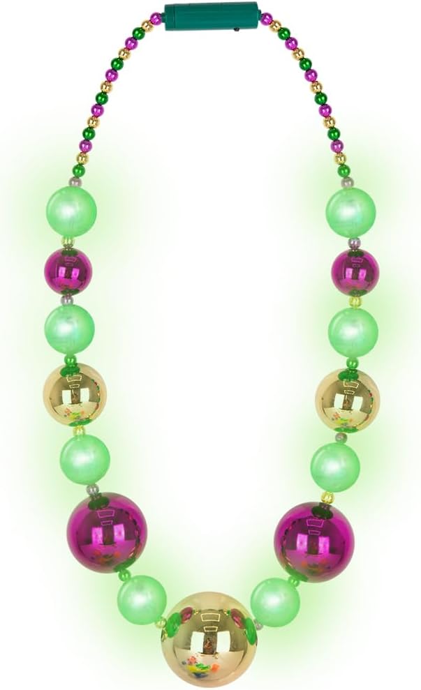 Large Light Up Mardi Gras Necklace - Mardi Gras Beads in Purple, Green, and Gold - 3 Flashing Modes with Batteries Included - Light Up Mardi Gras Accessories for Costume