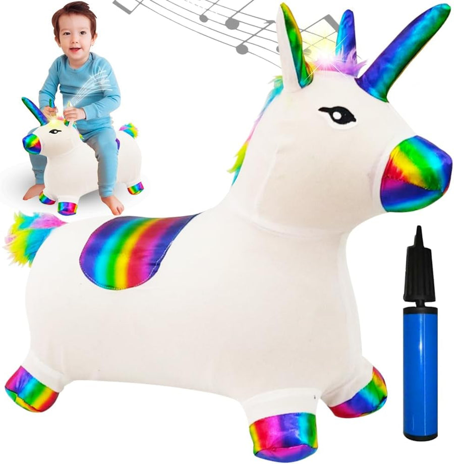 ArtCreativity Light Up Bouncy Unicorn Hopper with Music, Ride on Bouncing Animal Hopper for Active Indoor and Outdoor Play, Inflatable Plush Covered Horse Toy for Kids (Pump Included)