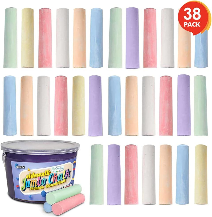 Sidewalk Chalk for Kids, (38 Pieces) Bulk Jumbo Colored Sidewalk Chalk for Toddlers 1-3, Dustless, Washable & Non-Toxic, Use Outdoor or on Indoor Chalkboard or Blackboard