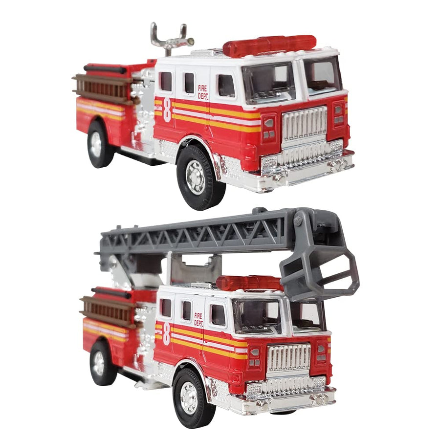 ArtCreativity 5.5 Inch Fire Trucks - Set of 2 - Pull Back Firetruck Toy Cars for Boys and Girls - Includes Metal Ladder Truck and Fire Engine - Best Birthday Gift for Kids, Toddlers