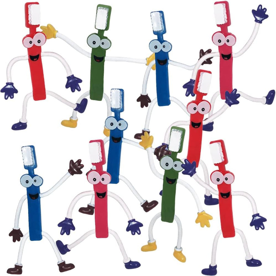 Bendable Toothbrush Figures, Set of 12, Bendable Toys for Kids, Party Favors for Boys & Girls, Stress Relief Fidget Toys for Kids and Adults, Dentist Office Giveaways, and Pinata Fillers