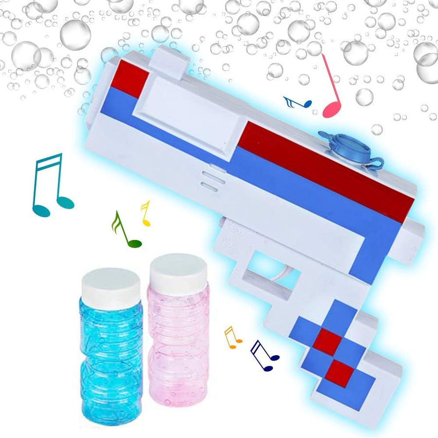 Patriotic Pixel Bubble Blaster Toy Gun with Lights & Sound, 2 Bottles of Bubble Solution & Batteries Included, Red, White, and Blue Light Up Pixelated Blower for Boys, Girls, 4th of July