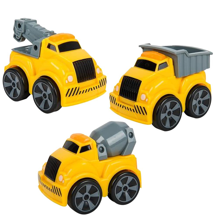 3.5 Inch Pull Back Construction Vehicle Toys for Kids - Set of 3 - Includes Mini Dump Truck, Tow Truck, and Concrete Mixer