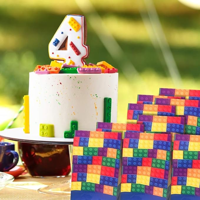 ArtCreativity Building Block Paper Party Favor Bags, Pack of 12, Fun Themed Goodie Gift Bags, Durable Treat Bags, Construction Party Supplies and Favors for Birthday, Baby Shower, Holiday Goodies