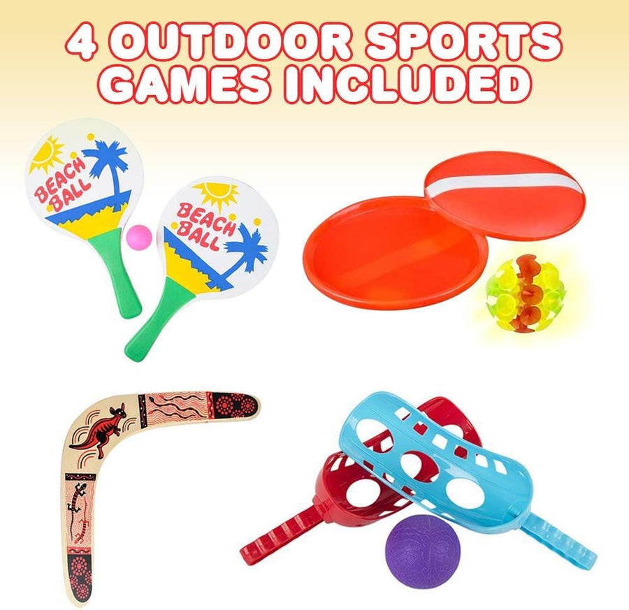 Set of 4 Sports Outdoor Games Set with Light-Up Catch Game, Scoop and Toss, Wooden Boomerang, and Beach Paddle Set, Backyard Toys and Summer Activities for Kids