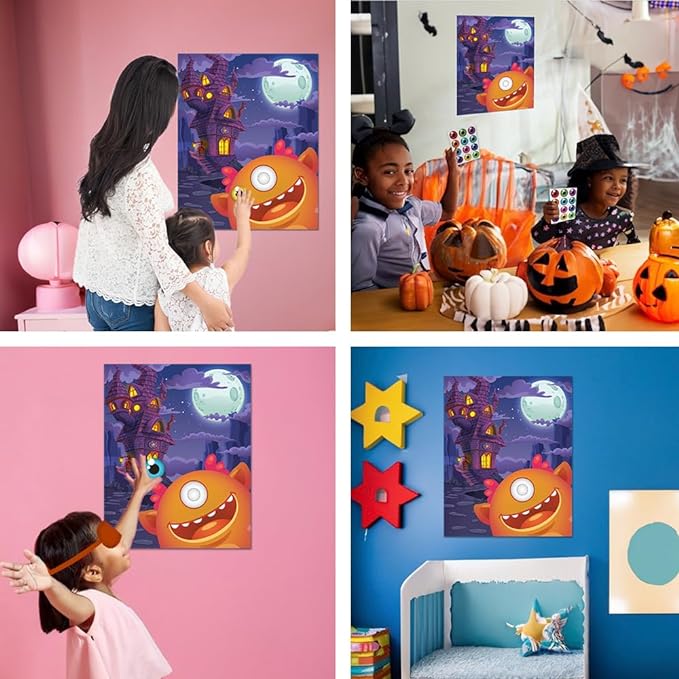 ArtCreativity Pin The Eye on The Monster Party Game - Halloween Party Activity with 1 Sign, 24 Eye Stickers, and 1 Eye Mask - Halloween Party Supplies - Accommodates Up to 24 Players