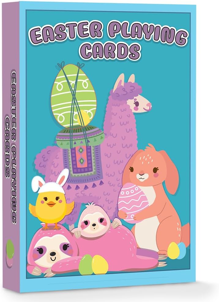 Easter Playing Cards for Kids - 52 Cards - Perfect for Easter Card Games Including Go Fish and Old Maid - Kids Playing Cards with Bunny, Chick, Llama, and Sloth Designs - Easter Basket Stuffers