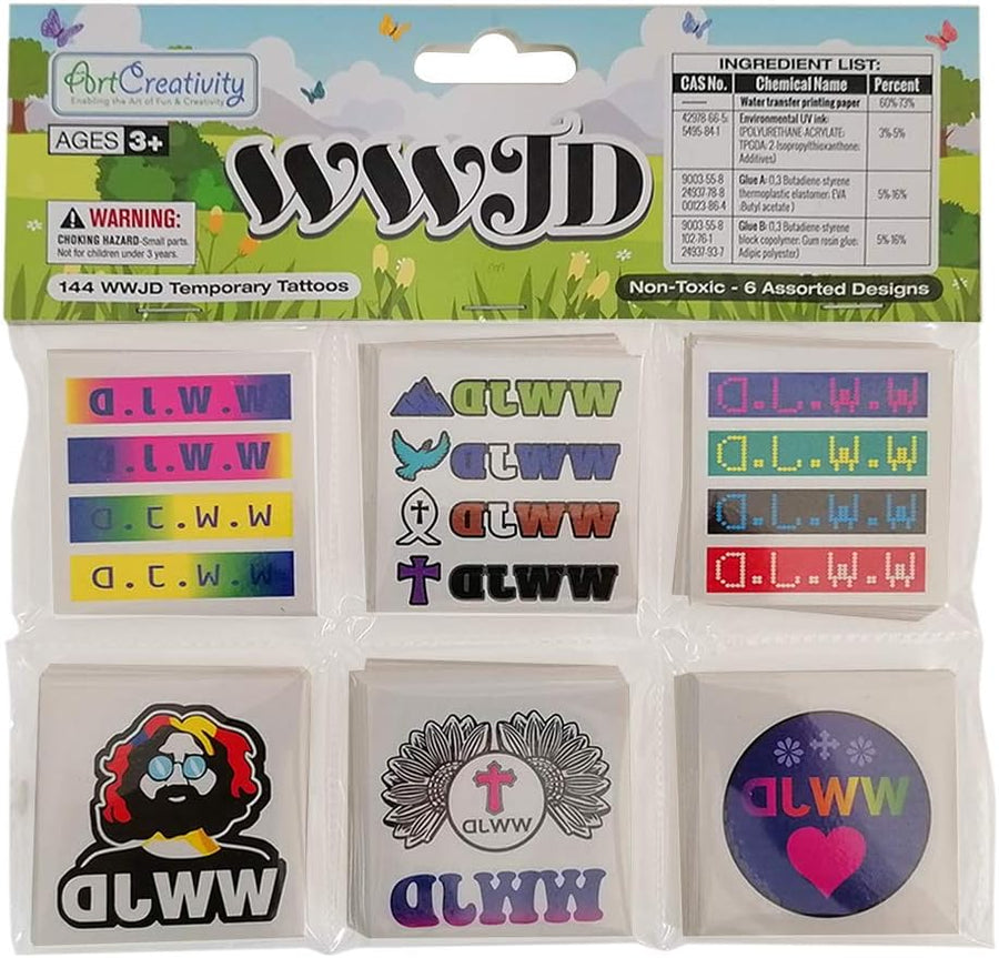 ArtCreativity WWJD Temporary Tattoos for Kids - Bulk Pack of 144-2 Inch Non-Toxic Tats Stickers for Boys and Girls, Birthday Party Favors, Goodie Bag Fillers, Non-Candy Halloween Treats