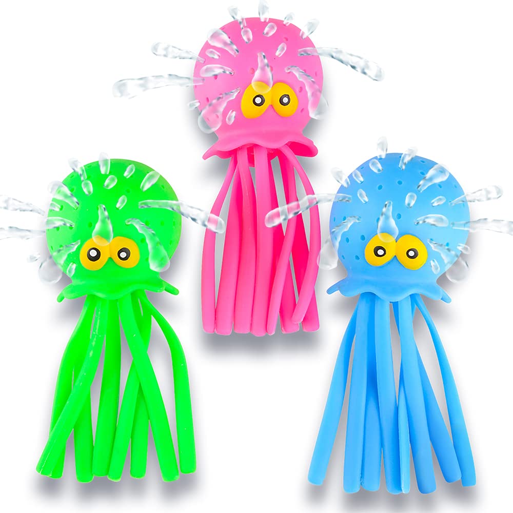 Octopus Water Balls, Set of 3, Rubber Kids’ Bath Toys, Sensory Stress Relief Pool Toys for Kids, Cute Goodie Bag Fillers for Boys and Girls, Pink, Blue and Green