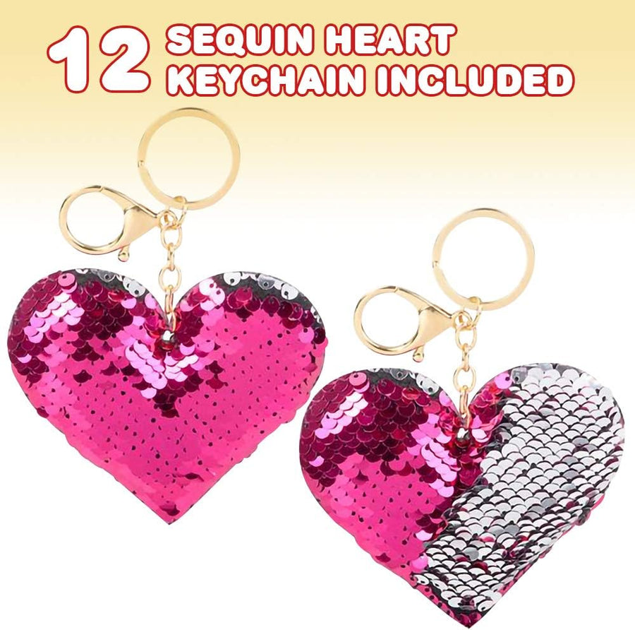 Flip Sequin Heart Keychain, Pack of 12, Double-Sided Heart Shape Key Chain Charms for Backpacks, Purses, Luggage, Birthday Party Favors for Kids, Great Valentines Day Gift