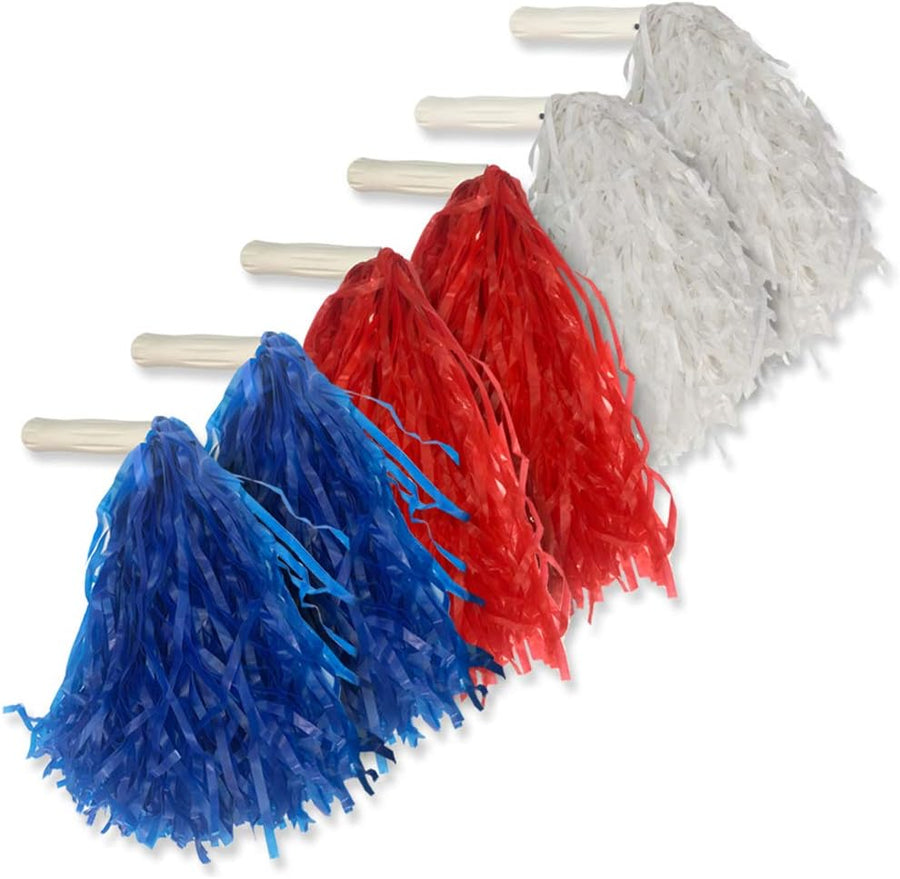 Patriotic Pom Poms, Set of 6, Red, White, and Blue Cheerleader Pompoms, 4th of July Party Décor, American Flag Color Decorations for Veterans, Memorial, and Independence Day