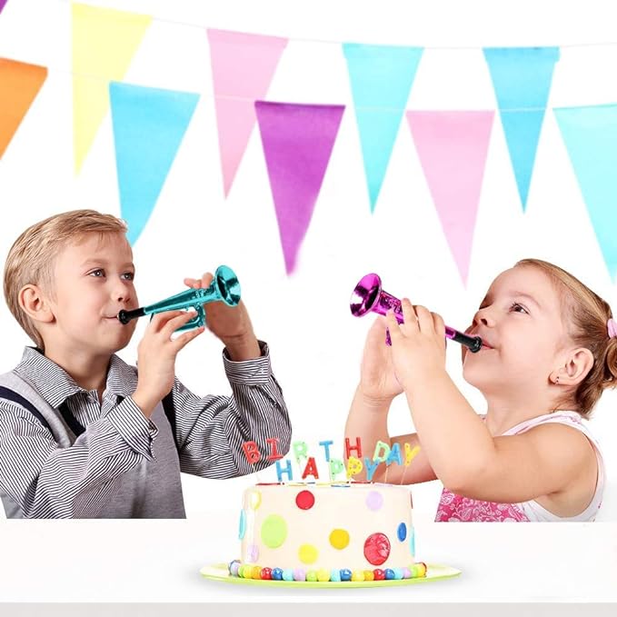 ArtCreativity 7 Inch Metallic Trumpets, Set of 12, Fun Plastic Musical Instruments Noise Makers for Parties and Events, Music Toys for Kids, Cool Birthday Party Favors for Boys and Girls
