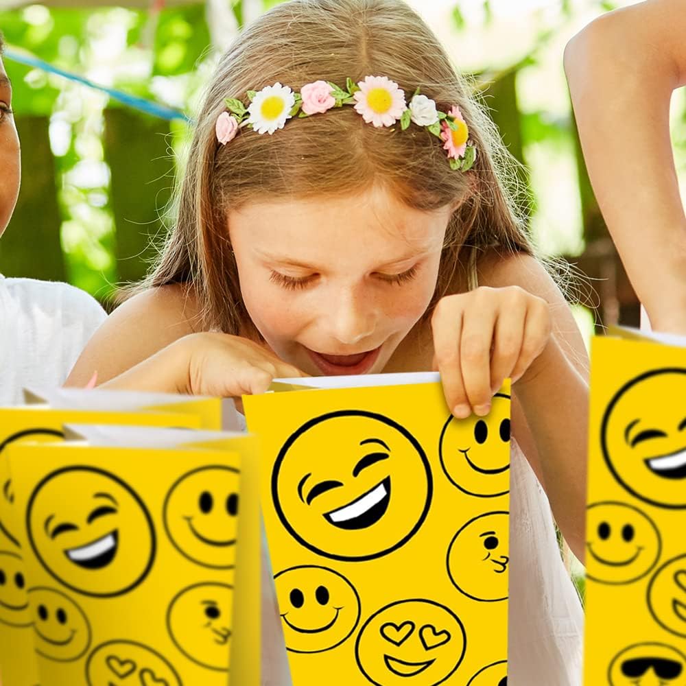 ArtCreativity Emoticon Party Favor Bags, Pack of 12, Emoticon Themed Goodie Gift Paper Bags, Durable Treat Bags, Emoticon Party Supplies and Favors for Birthday, Baby Shower, Holiday Goodies