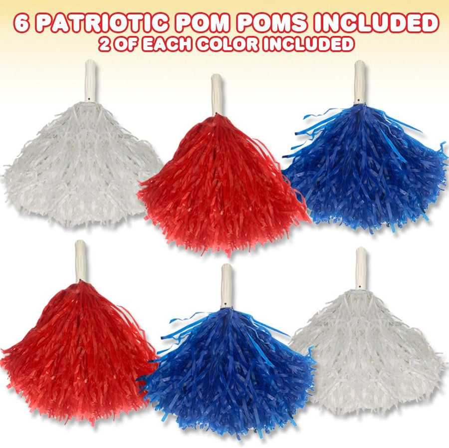 Patriotic Pom Poms, Set of 6, Red, White, and Blue Cheerleader Pompoms, 4th of July Party Décor, American Flag Color Decorations for Veterans, Memorial, and Independence Day