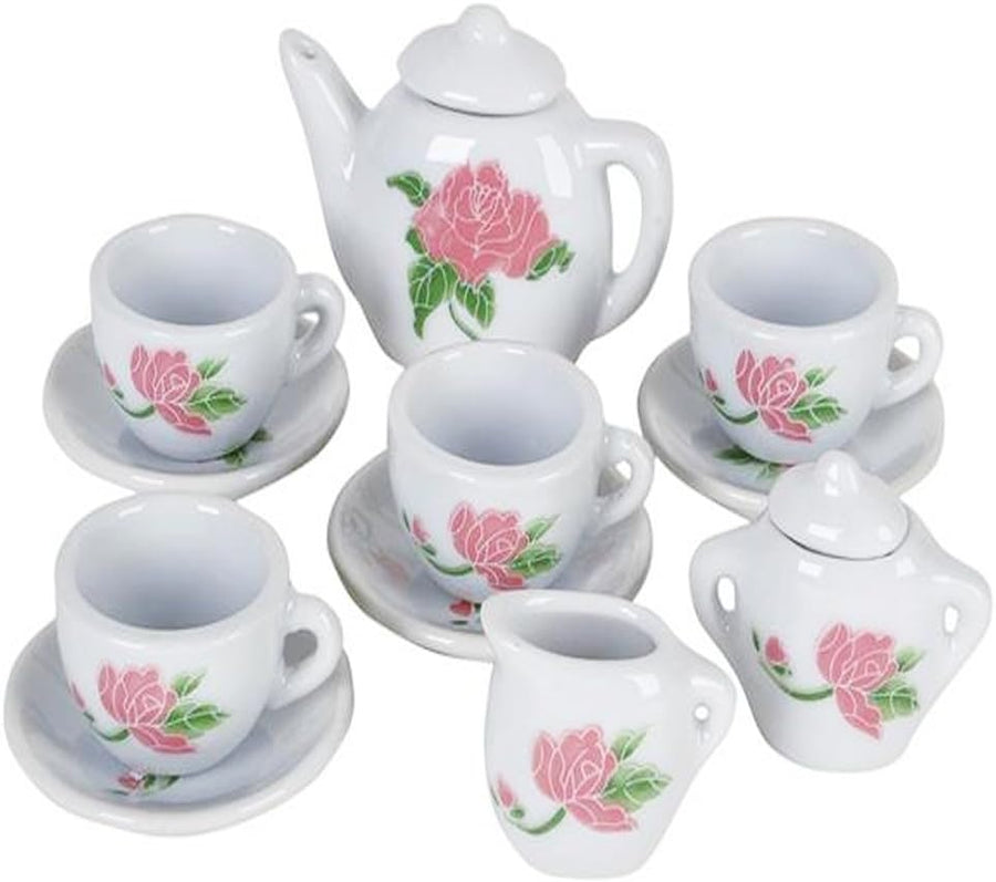 Rose Flower Ceramic Doll Tea Set - 13 Pieces - includes Cups and Plates