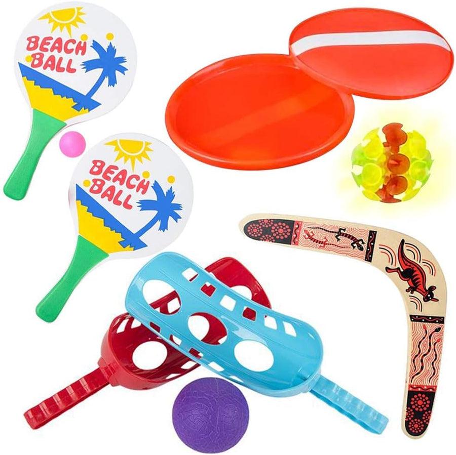 Set of 4 Sports Outdoor Games Set with Light-Up Catch Game, Scoop and Toss, Wooden Boomerang, and Beach Paddle Set, Backyard Toys and Summer Activities for Kids
