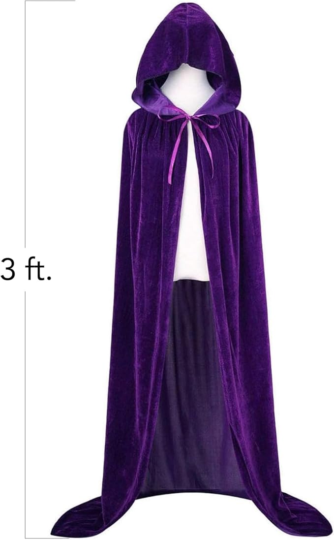 Velvet Purple Hooded Cloak for Kids, 3ft Long Kids Cloak, Dark Purple Cape with Hood and String Closure, Vampire Cape for Kids, Witches Cloak for Toddlers - Purple Wizard Robe for Kids