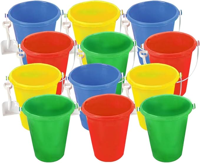 ArtCreativity 6 Inch Mini Plastic Beach Pail and Shovel Set - Pack of 12 - Assorted Colors Buckets and White Shovels - Summer Beach Toys - Practical Gift, Party Favor and Prize