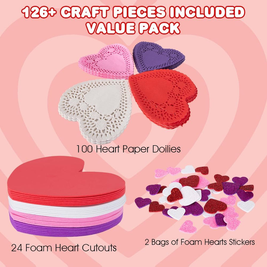 126+ Pcs Valentine's Day Heart Doilies Card Crafts for Kids - Valentine Day Crafts for Classroom Parties - Valentines Craft Supplies Kits with Heart Doilies and Glitter Foam Stickers