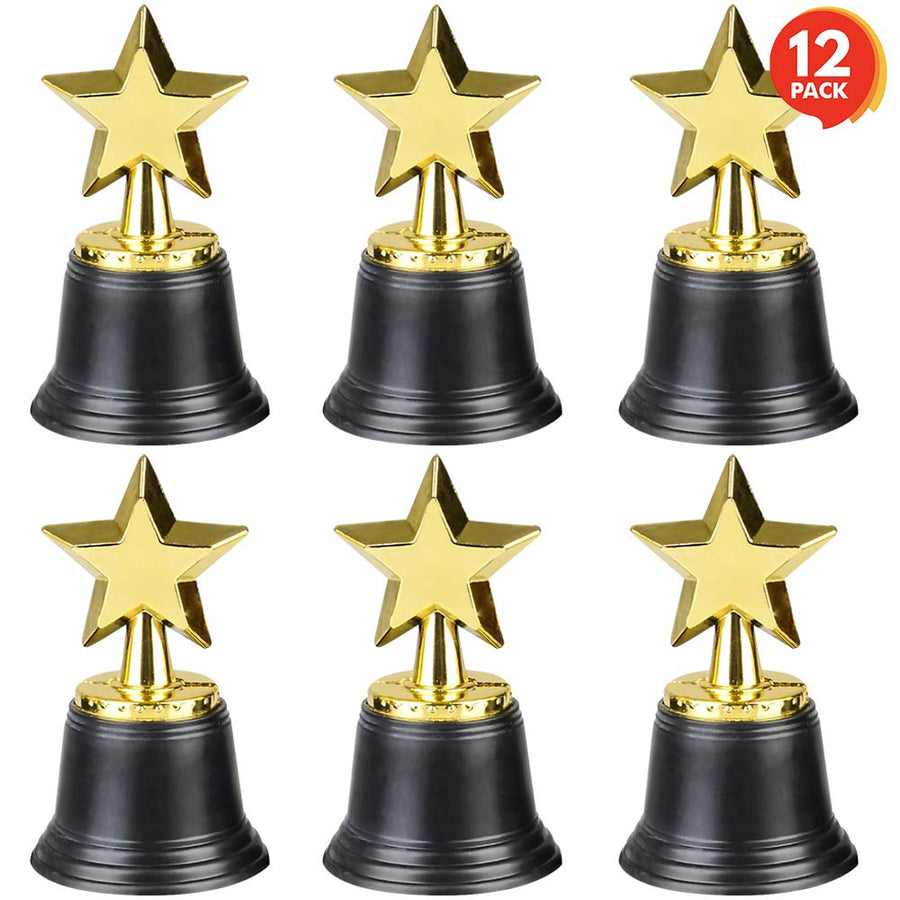 ArtCreativity Gold Plastic Star Trophies for Kids - Pack of 12 Golden Colored Trophy Set - 4.5 Inch Award Trophies for Football, Soccer, Baseball, Carnival Prize, Party Favors for Boys and Girls