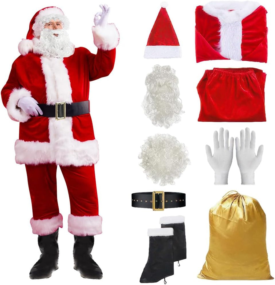 Santa Costume for Men - 9 PC Mens Santa Costume - Deluxe Santa Claus Suit for Men with Gold Gift Bag for Christmas, New Year, Parties, Birthdays - Quality Red Plush Adults Santa Suit