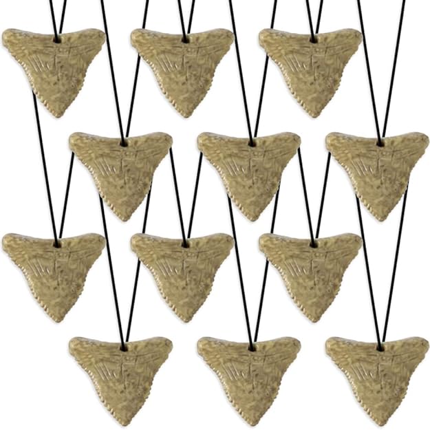 ArtCreativity Prehistoric Shark Tooth Necklaces, Set of 12, Rubber Shark Tooth with a Striking Aged Look, Shark and Dinosaur Party Favors for Kids, Fun Goodie Bag Fillers for Boys and Girls