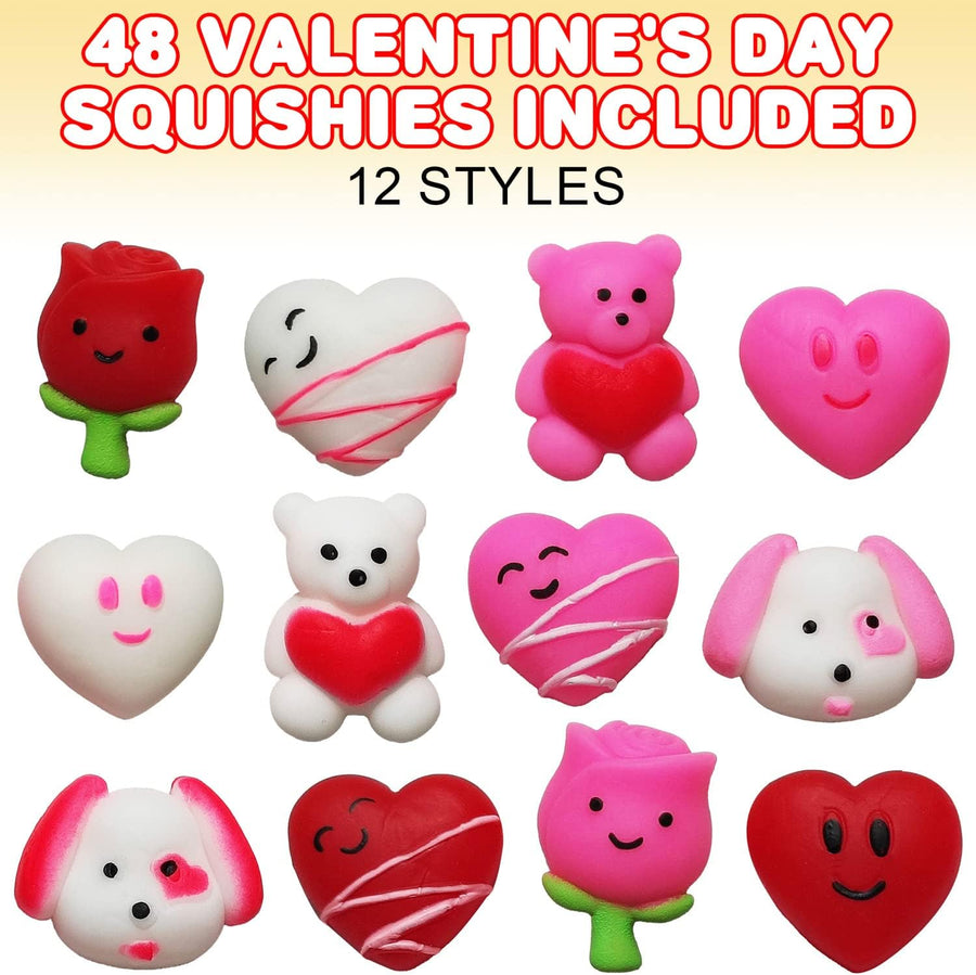 ArtCreativity Mini Valentines Squishies Toys, Bulk 48 PCS, Valentines Gifts for Kids in 12 Cute Designs, Stress Relief Toys for Kids and Adults, Valentines Party Favors and Goodie Bag Stuffers