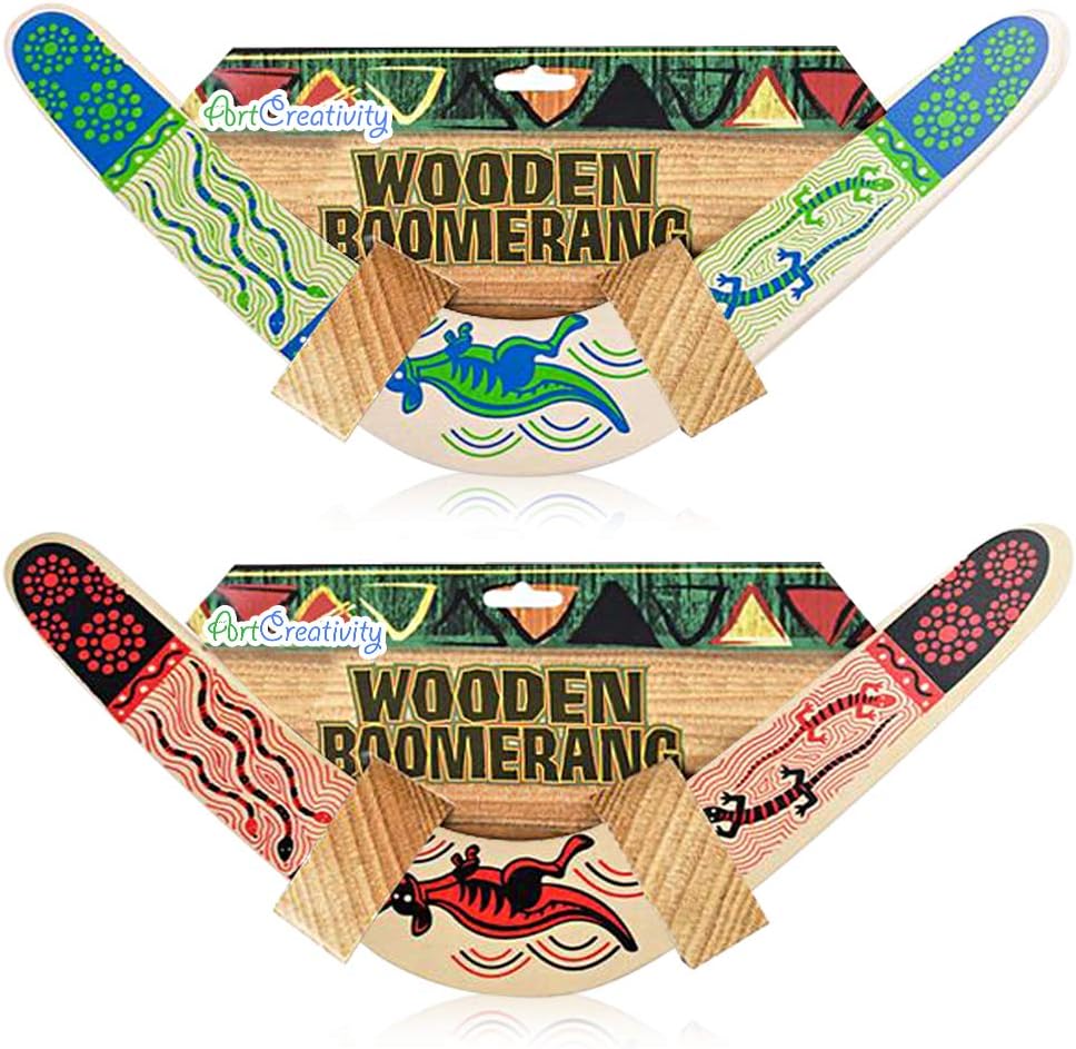 ArtCreativity Wooden Boomerangs, Set of 2, Classic Returning Boomerangs with Colorful Artwork, Fun Outdoor Toys for Camping, Backyard, Picnic, Best Gift Idea for Boys and Girls- Colors May Vary