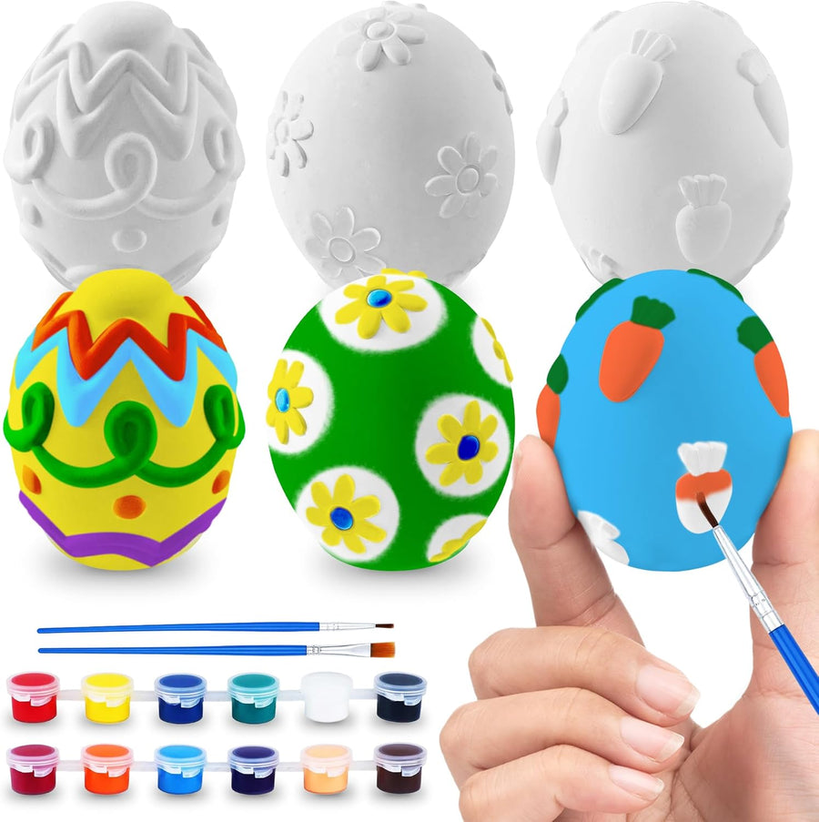 3D Easter Egg Painting Kit - Easter Egg Craft Kit Includes Eggs, Paint, Brushes for Kids & Adults - Cermaic Plaster Painting Kit - DIY Gifts for Easter - Easter Basket Stuffers