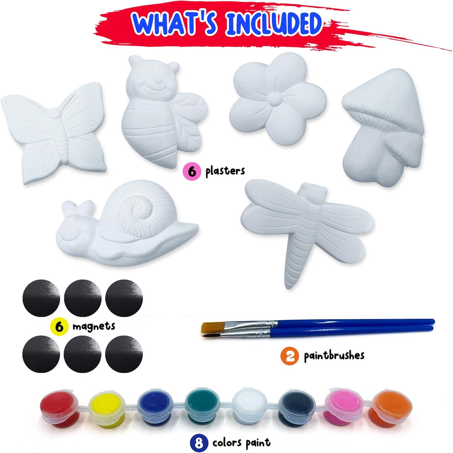 Insect Plaster Painting Kit for Kids - 6 Garden-Inspired Plaster Figurines, 2 Paint Sets, 2 Brushes, and 6 Circle Magnets for Display - 8 Different Paint Colors - Kids Painting Set