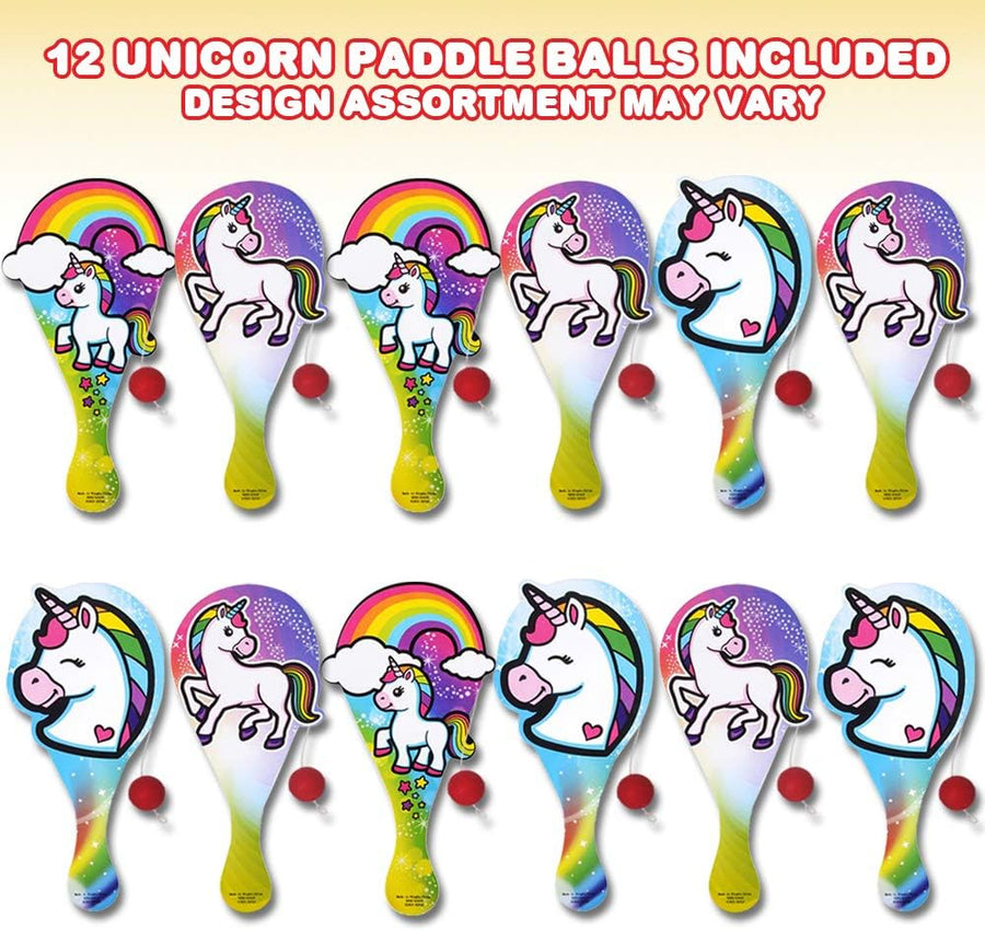 Unicorn Paddle Balls, Pack of 12, Cute 9 Inch Wooden Paddleball with String, Assorted Designs, Great Party Favors, Goodie Bag Fillers, Fun Activity Toys for Kids