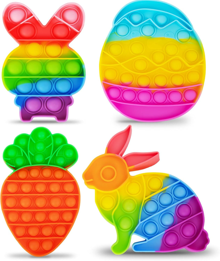 Easter Pop Its - 4 Pack of Easter Popper Toys - Easter Fidget Sensory Toys for Toddlers - Kids Basket Stuffers with Colorful Egg, Carrot, and 2 Bunny Rabbits - Cute Easter Gifts