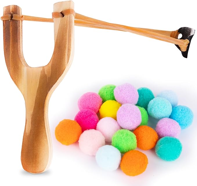 ArtCreativity Wooden Slingshot with 20 Cotton Balls - Wood Slingshot for Kids - Shoots Balls Up to 10 Feet - Soft Balls for Safe Play - Wooden Catapult Outdoor Toys for Kids - Strong Sling Shot Kit…
