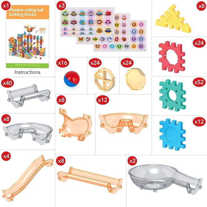 Kids Marble Run Set - 246 PCS Marble Race Track with Interlocking Building Blocks