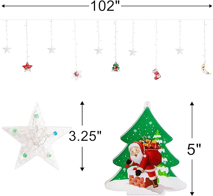 Window Christmas Lights - LED Christmas Curtain Lights with a Connecting Wire - Light Up Hanging Christmas Decorations for Holiday Decor - Indoor Christmas Curtain Lights with Pendants