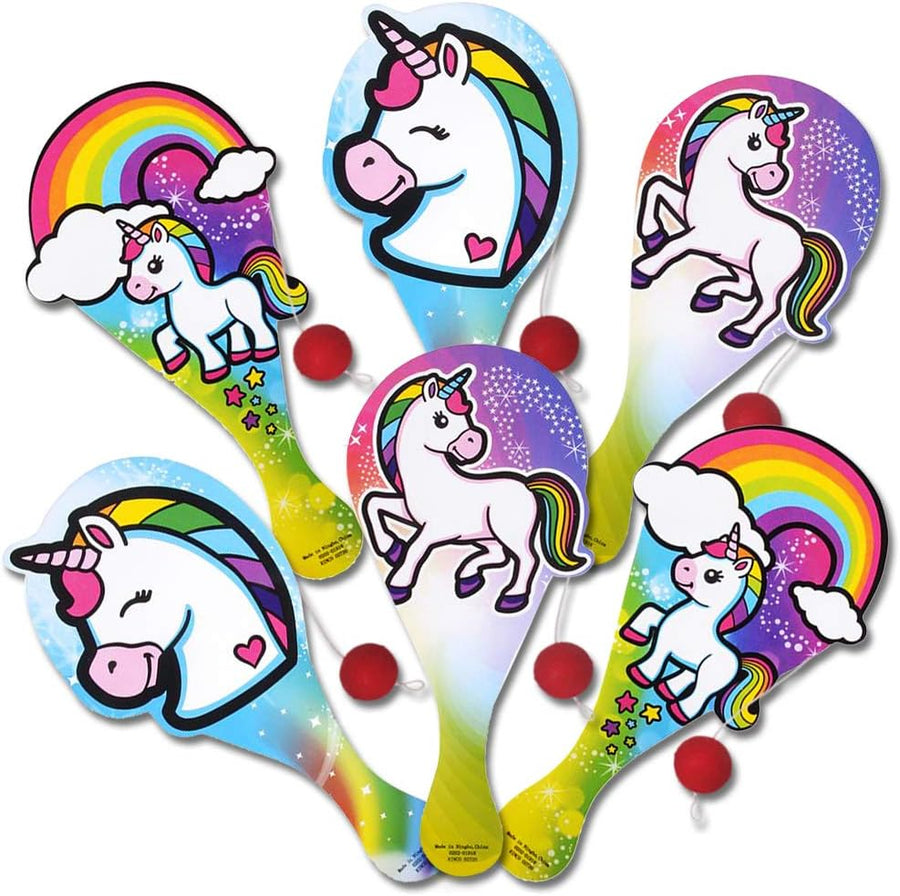 Unicorn Paddle Balls, Pack of 12, Cute 9 Inch Wooden Paddleball with String, Assorted Designs, Great Party Favors, Goodie Bag Fillers, Fun Activity Toys for Kids