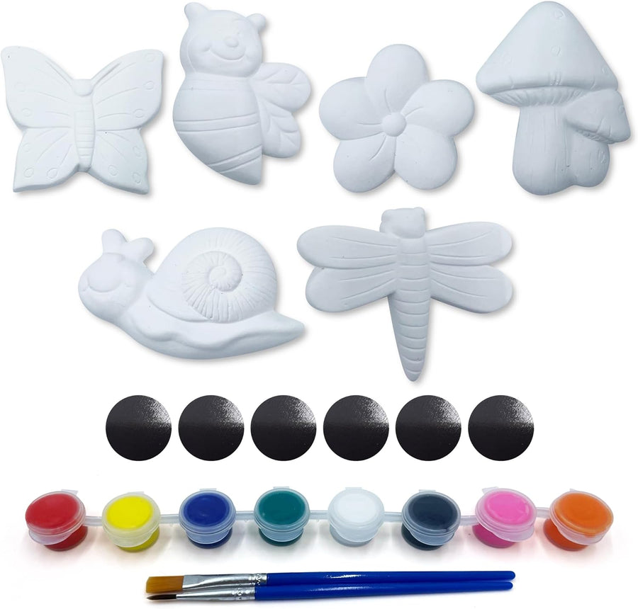 Insect Plaster Painting Kit for Kids - 6 Garden-Inspired Plaster Figurines, 2 Paint Sets, 2 Brushes, and 6 Circle Magnets for Display - 8 Different Paint Colors - Kids Painting Set