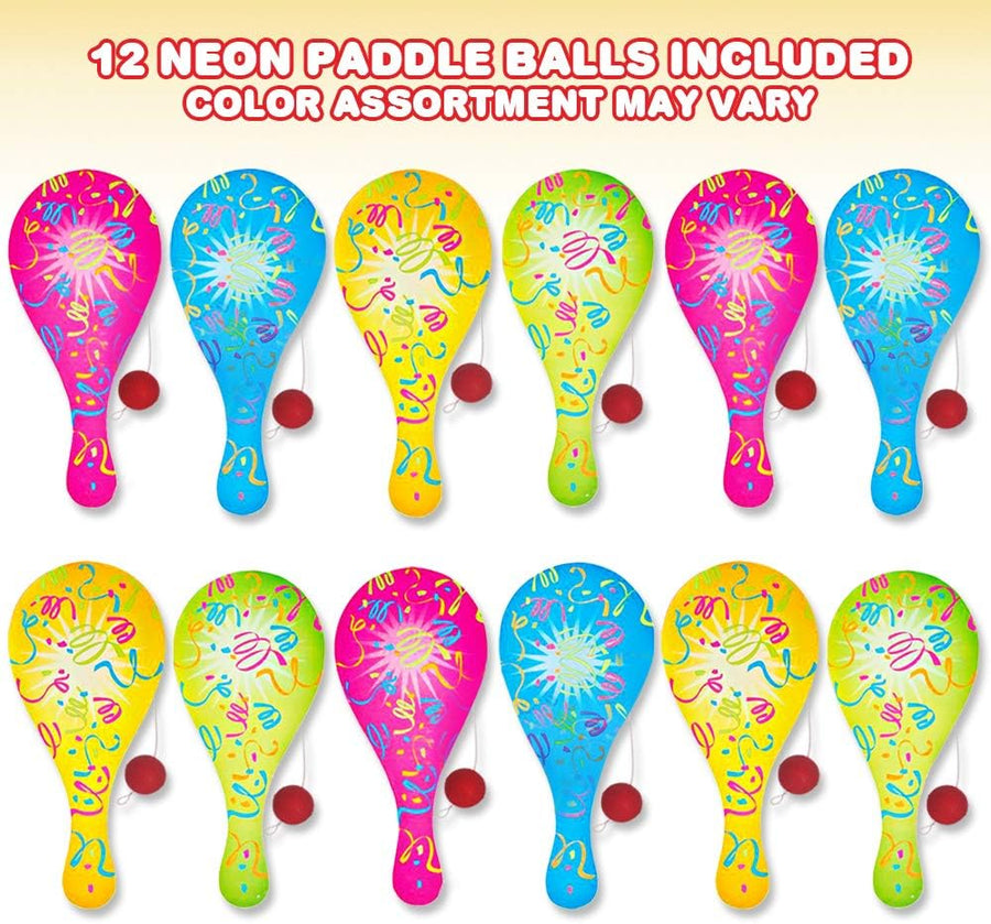 Neon Paddle Balls, Pack of 12, 9.25 Inch Plastic Paddleball with String, Assorted Bright Colors, Great Party Favors, Goodie Bag Fillers, Fun Activity Toys for Kids