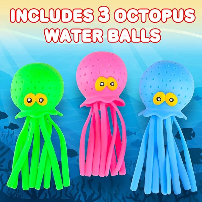 Octopus Water Balls, Set of 3, Rubber Kids’ Bath Toys, Sensory Stress Relief Pool Toys for Kids, Cute Goodie Bag Fillers for Boys and Girls, Pink, Blue and Green