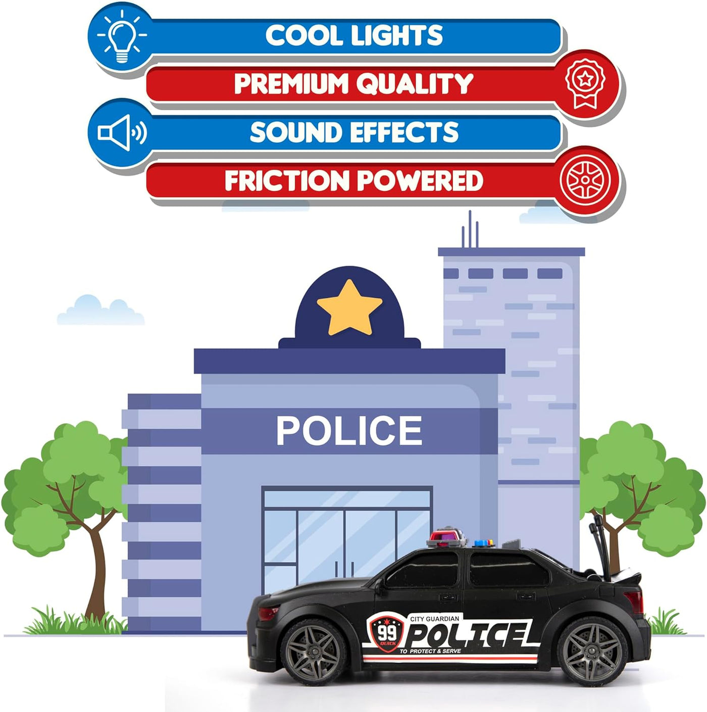 Police Car Toys for Boys 3,4,5 with Lights & Siren Sounds, Friction Powered Police Car for Kids with Flashing Lights, 3 Different Sounds, & Openable Trunk, Police Pretend Play Toys, Police Car Toy