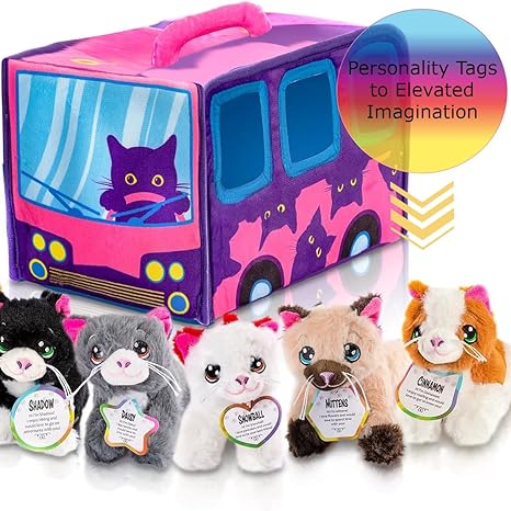 7-Piece Plush Cat Set, 6" Stuffed Animals Assortment with Carrier Bus, Cute Small Toys for Girls, Halloween, Classroom, Birthday Gifts Soft Plush Puppy