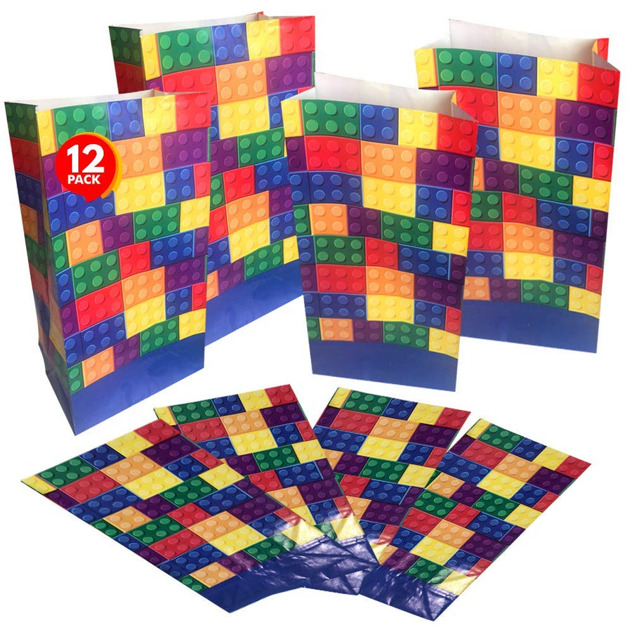 ArtCreativity Building Block Paper Party Favor Bags, Pack of 12, Fun Themed Goodie Gift Bags, Durable Treat Bags, Construction Party Supplies and Favors for Birthday, Baby Shower, Holiday Goodies