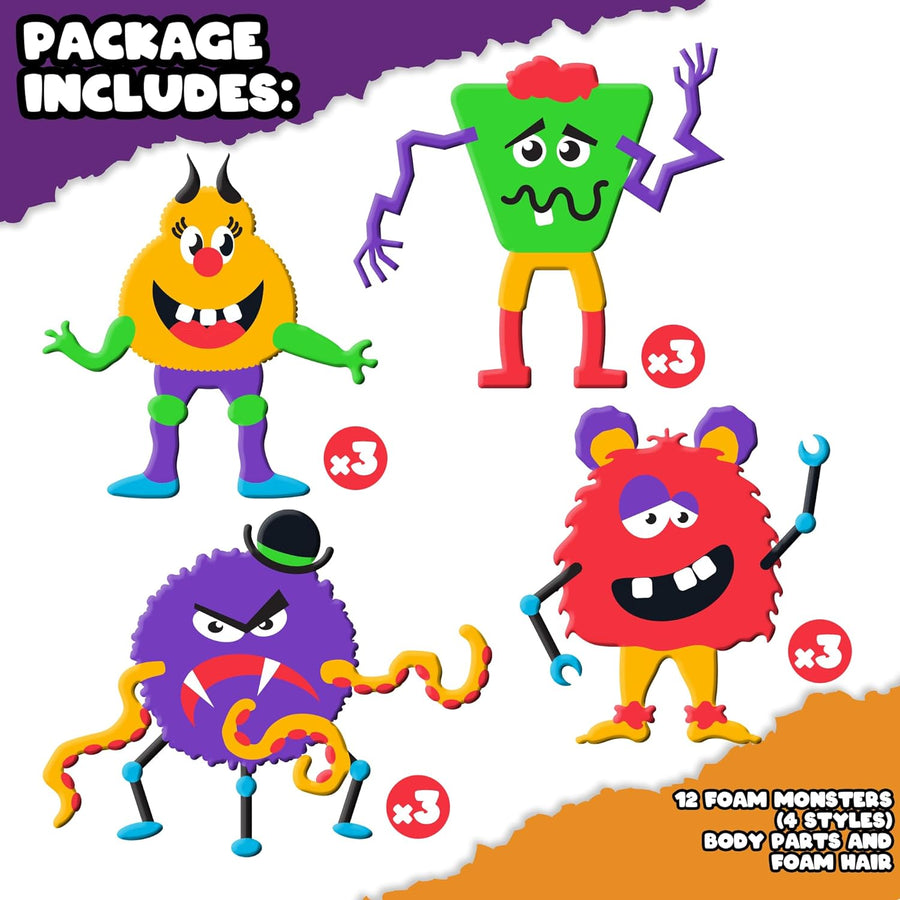 DIY Halloween Foam Monster Craft Kit - 12 Sets - Mess-Free Halloween Craft Kits - Classroom and Halloween Party Activity for Kids
