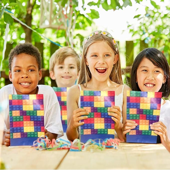 ArtCreativity Building Block Paper Party Favor Bags, Pack of 12, Fun Themed Goodie Gift Bags, Durable Treat Bags, Construction Party Supplies and Favors for Birthday, Baby Shower, Holiday Goodies