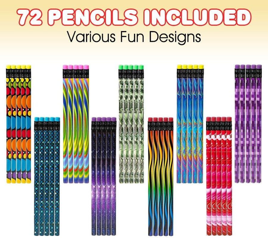 ArtCreativity Wooden Pencils - Assorted Designs, 72 Count, Unsharpened #2 Pencils, Non-Toxic, Dishwasher Safe