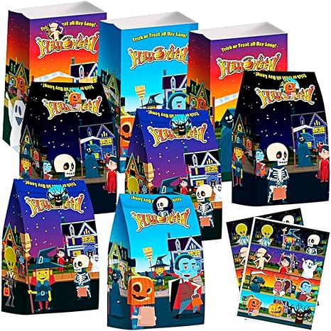 ArtCreativity Halloween Treat Bags, Set of 24 Paper Bags and 24 Stickers, 10 Inch Halloween Candy Bags with Sealing Stickers, Halloween Goodie Bags for Sweets, Toys, Gifts, and More