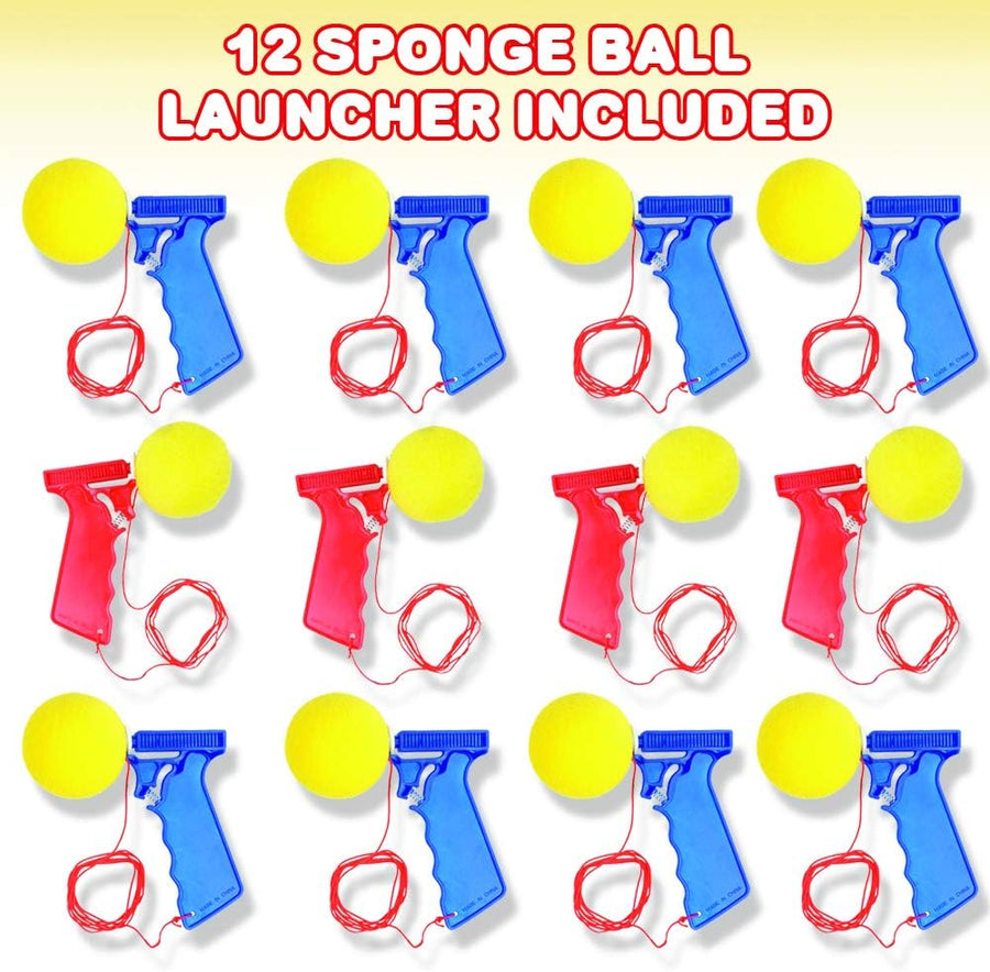 Sponge Ball Launchers, Pack of 12, 5.5 Inch Foam Ball Toy Shooters, Birthday Party Favors for Kids, Goodie Bag Fillers, Carnival Prize - Red & Blue