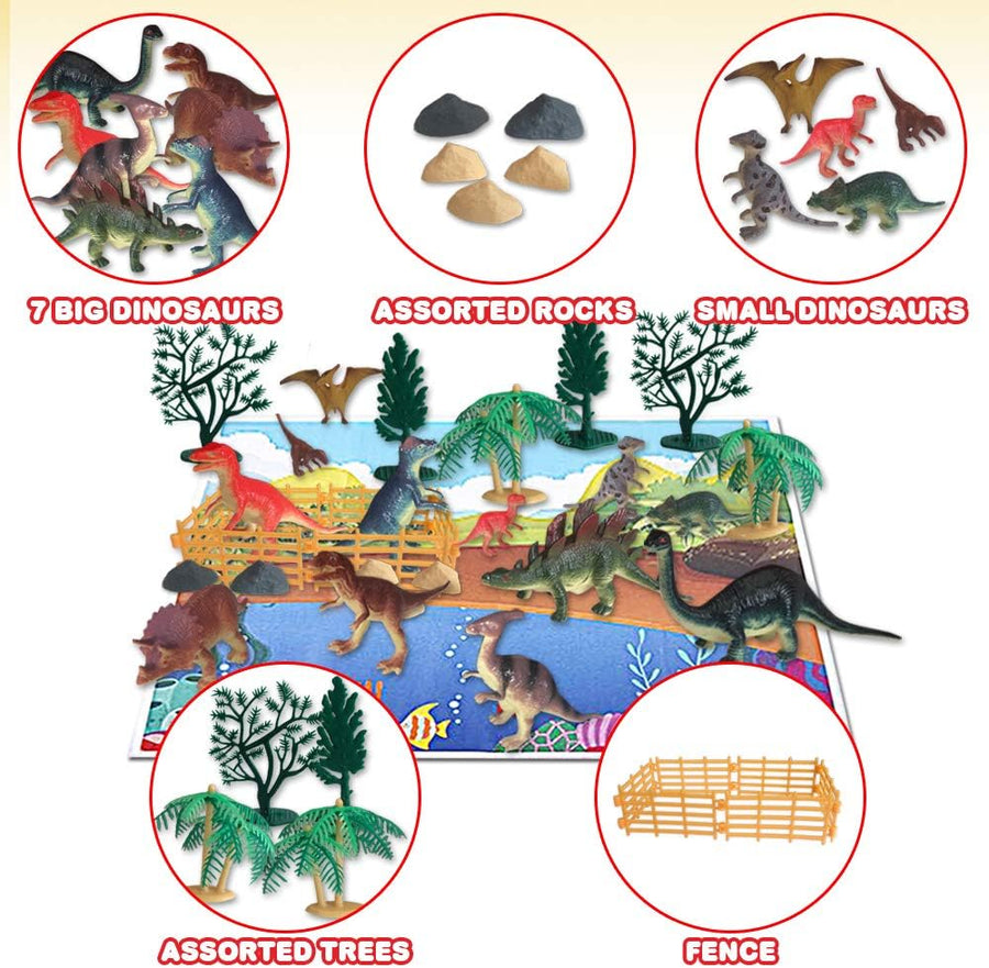 50 Piece Dinosaur Play Set, Dino Playset with Various Dinosaurs, Trees, Rocks, Fence, and Play Mat, Dinosaur Toys Box Set for Boys and Girls, Best Dinosaur Birthday Gift for Kids